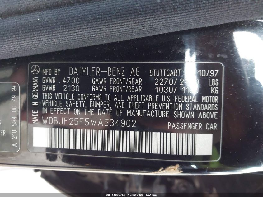 1998 Mercedes-Benz E 300 Diesel VIN: WDBJF25F5WA534902 Lot: 44000758