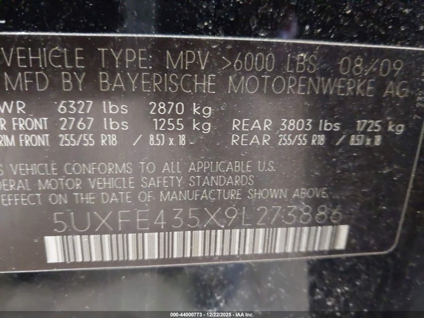 2009 BMW X5 xDrive30I VIN: 5UXFE435X9L273886 Lot: 44000773
