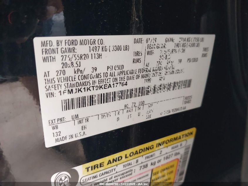 2019 Ford Expedition Max Limited VIN: 1FMJK1KT9KEA17764 Lot: 44000780