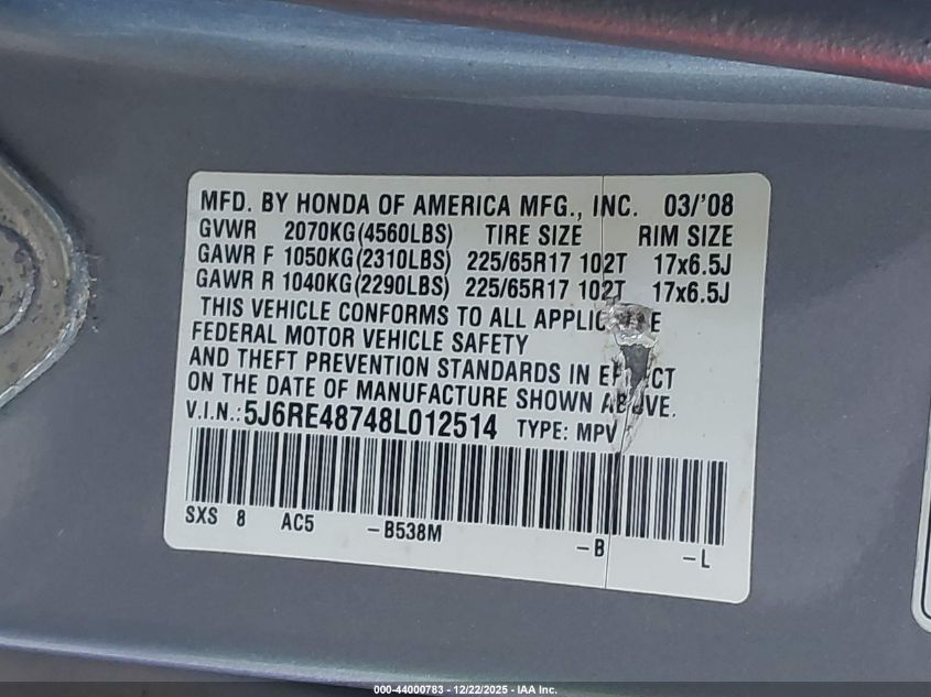 2008 Honda Cr-V Ex-L VIN: 5J6RE48748L012514 Lot: 44000783