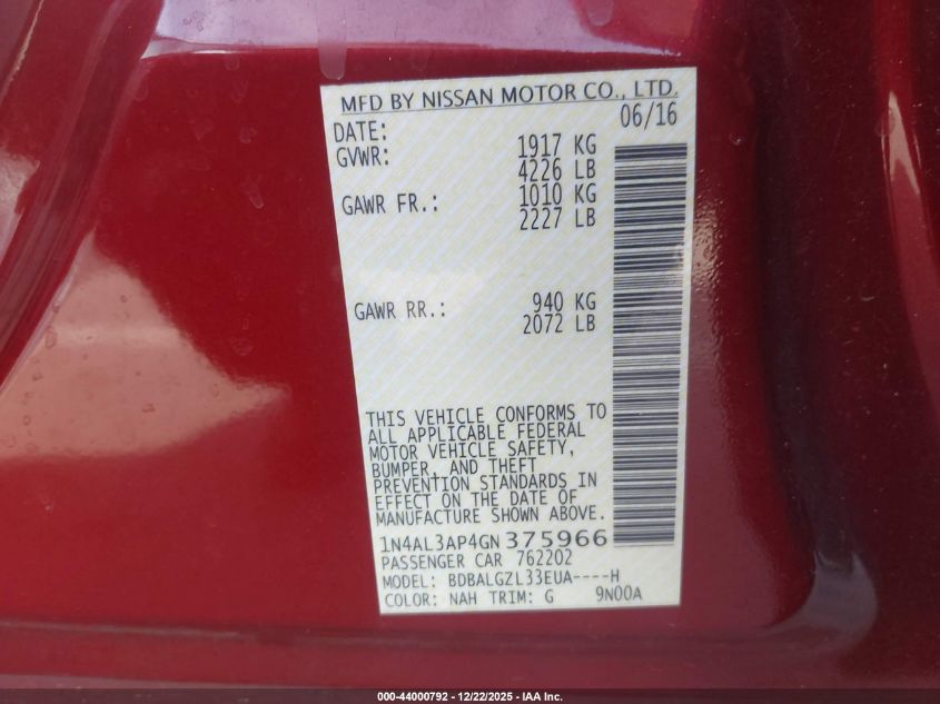 2016 Nissan Altima 2.5 S VIN: 1N4AL3AP4GN375966 Lot: 44000792