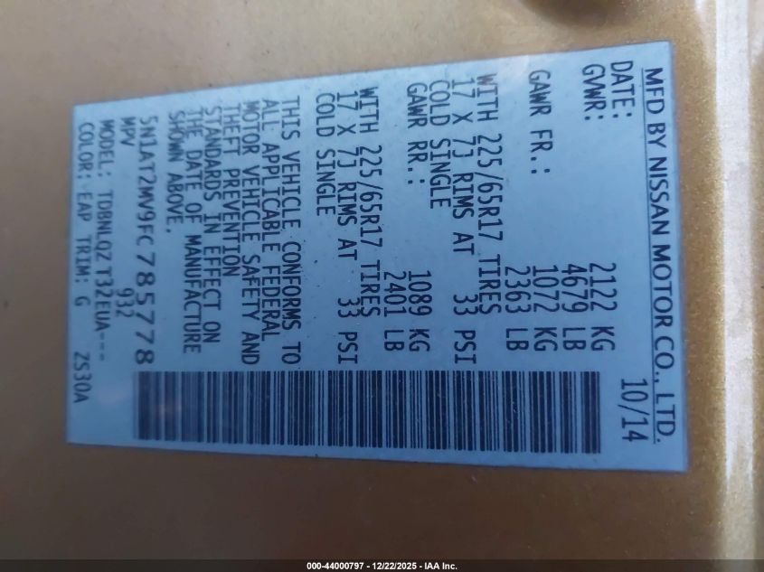 2015 Nissan Rogue Sv VIN: 5N1AT2MV9FC785778 Lot: 44000797