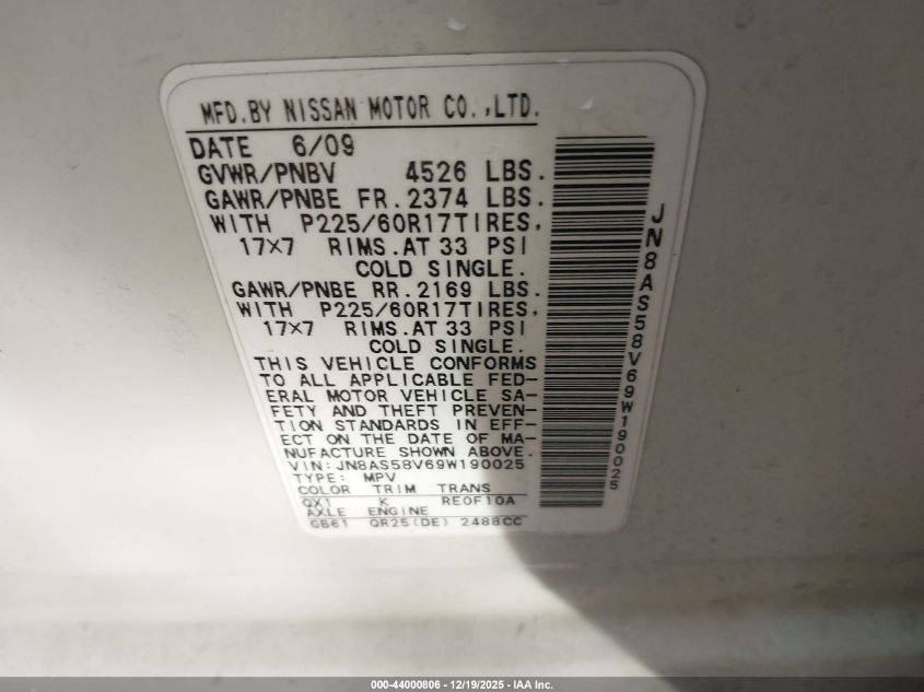 2009 Nissan Rogue Sl VIN: JN8AS58V69W190025 Lot: 44000806