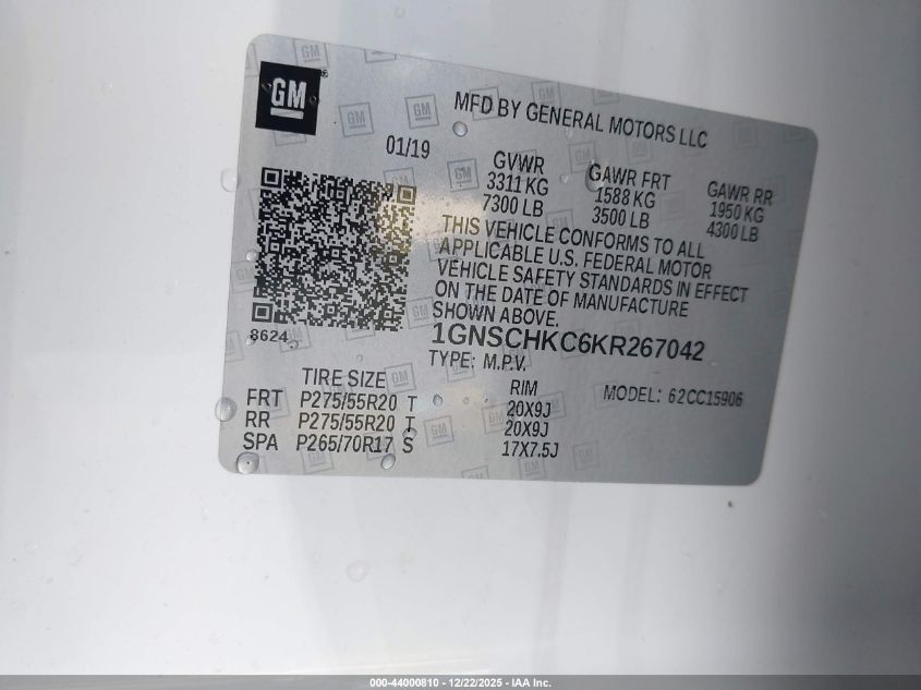 2019 Chevrolet Suburban Lt VIN: 1GNSCHKC6KR267042 Lot: 44000810