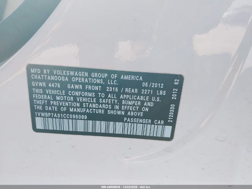 2012 Volkswagen Passat 2.5L Se VIN: 1VWBP7A31CC095089 Lot: 44000836