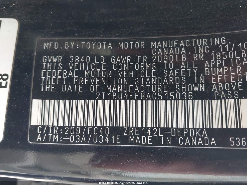 2010 Toyota Corolla Le VIN: 2T1BU4EE8AC515036 Lot: 44000835