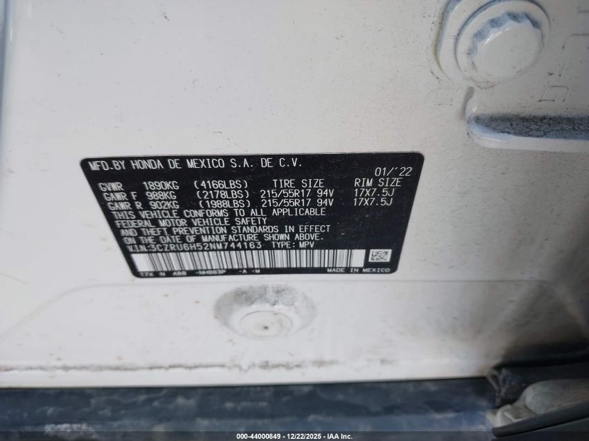 2022 Honda Hr-V Awd Ex VIN: 3CZRU6H52NM744163 Lot: 44000849