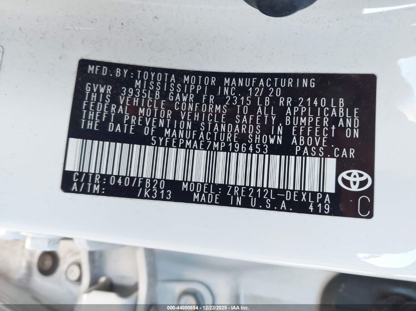 2021 Toyota Corolla Le VIN: 5YFEPMAE7MP196453 Lot: 44000854