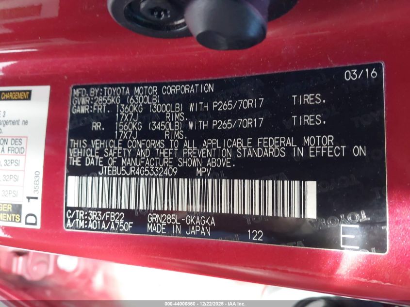 2016 Toyota 4Runner Sr5 VIN: JTEBU5JR4G5332409 Lot: 44000860