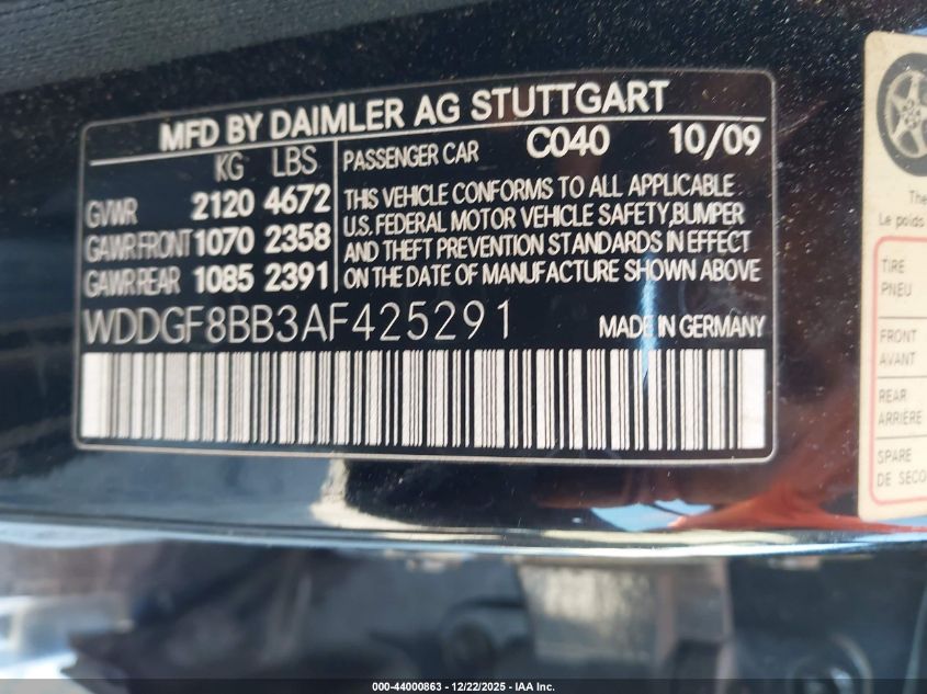 2010 Mercedes-Benz C 300 Luxury 4Matic/Sport 4Matic VIN: WDDGF8BB3AF425291 Lot: 44000863