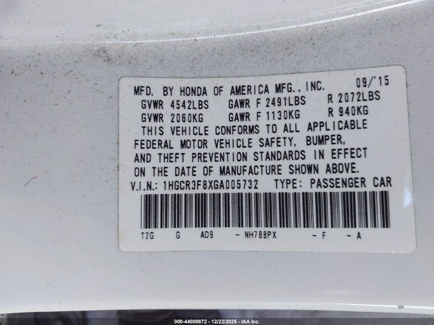 2016 Honda Accord Ex-L V-6 VIN: 1HGCR3F8XGA005732 Lot: 44000872