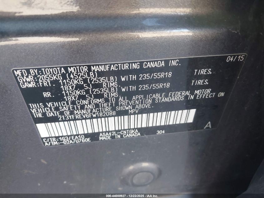 2015 Toyota Rav4 Limited VIN: 2T3YFREV6FW182088 Lot: 44000927