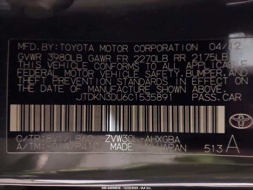 2012 Toyota Prius Four VIN: JTDKN3DU6C1535891 Lot: 44000938