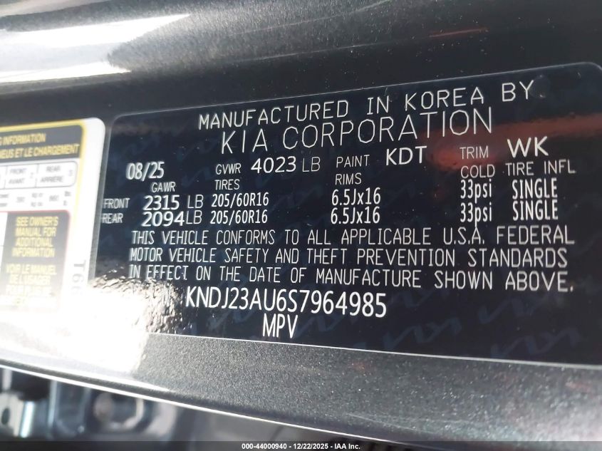 2025 Kia Soul Lx/S VIN: KNDJ23AU6S7964985 Lot: 44000940