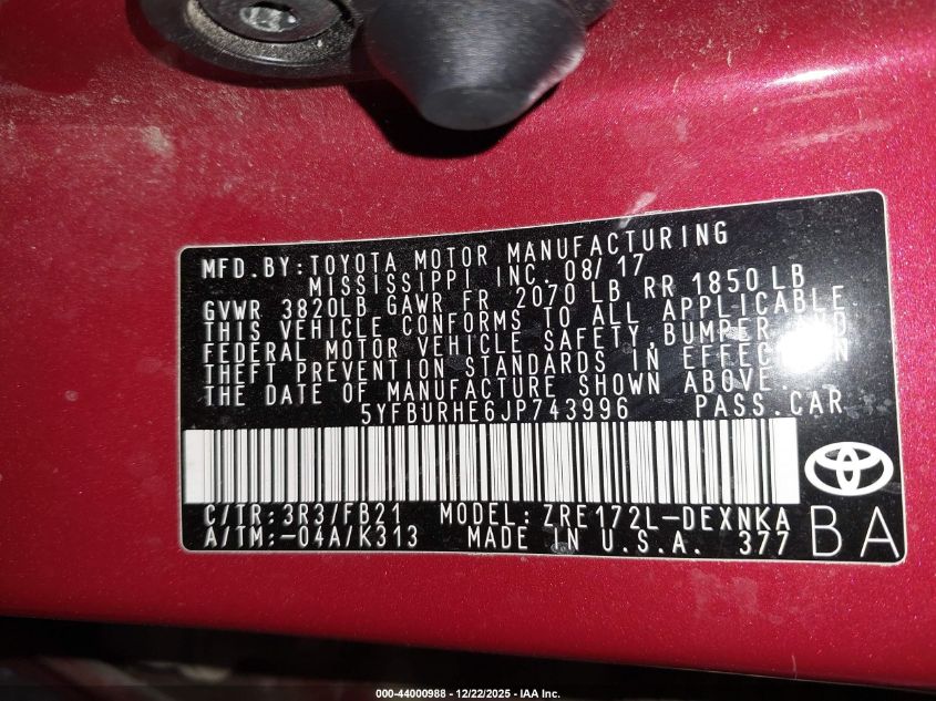 2018 Toyota Corolla Le VIN: 5YFBURHE6JP743996 Lot: 44000988