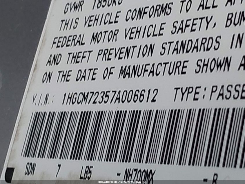 2007 Honda Accord 2.4 Lx VIN: 1HGCM72357A006612 Lot: 44001000