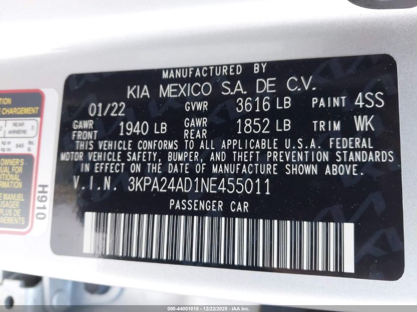 2022 Kia Rio S VIN: 3KPA24AD1NE455011 Lot: 44001018