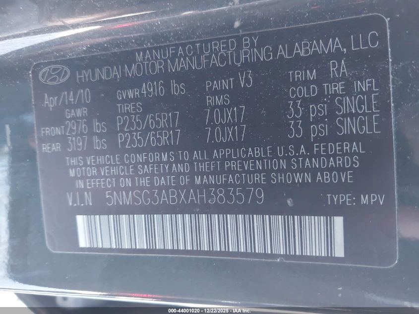 2010 Hyundai Santa Fe Gls VIN: 5NMSG3ABXAH383579 Lot: 44001020