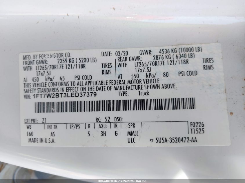 2020 Ford F-250 Xl VIN: 1FT7W2BT3LED37379 Lot: 44001026