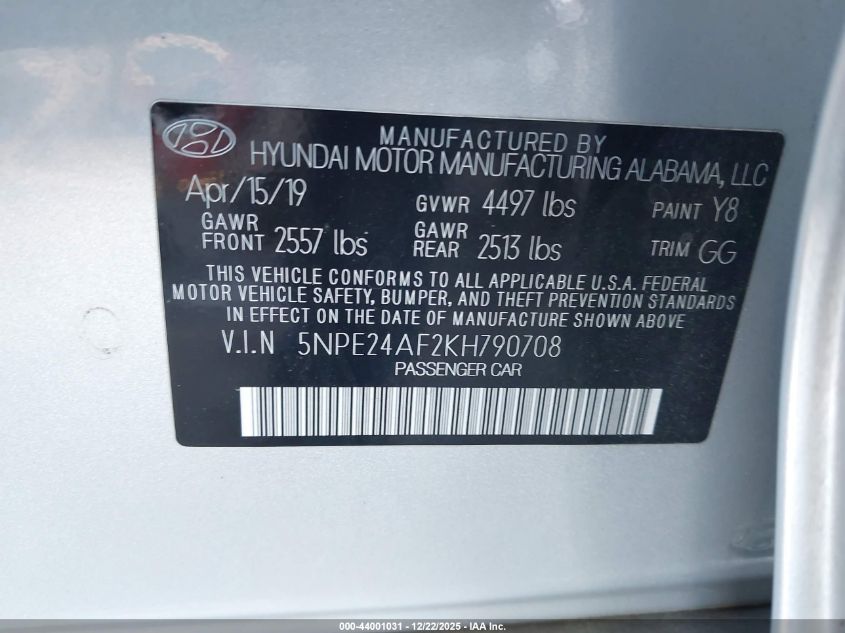 2019 Hyundai Sonata Se VIN: 5NPE24AF2KH790708 Lot: 44001031