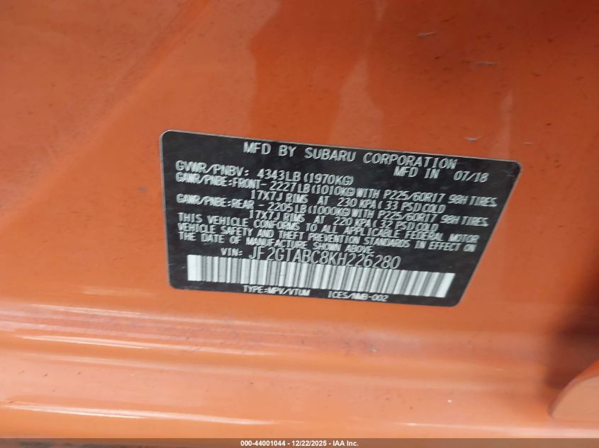 2019 Subaru Crosstrek 2.0I VIN: JF2GTABC8KH226280 Lot: 44001044