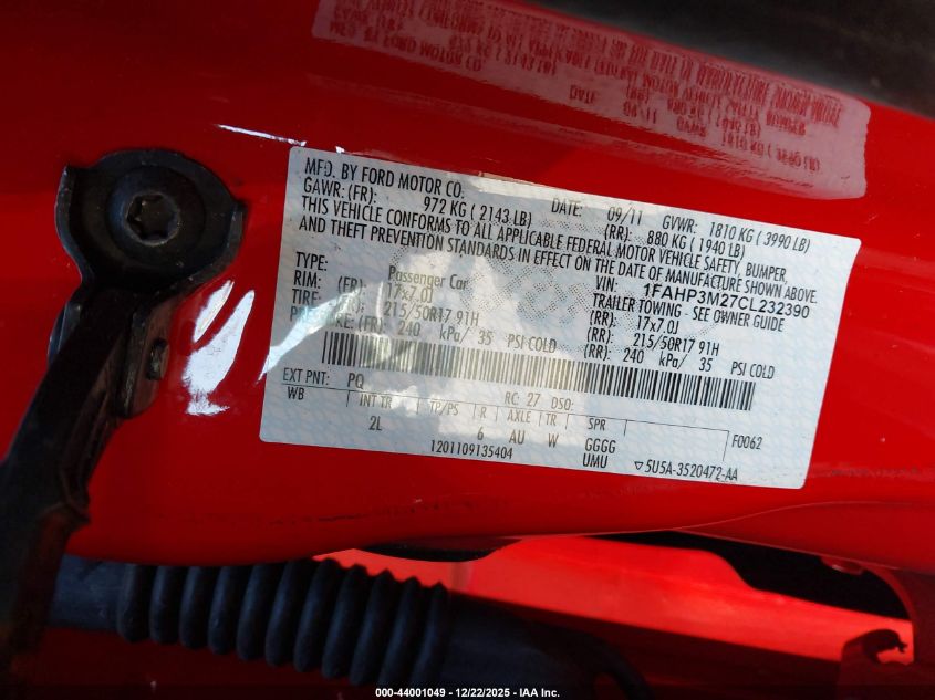 2012 Ford Focus Sel VIN: 1FAHP3M27CL232390 Lot: 44001049