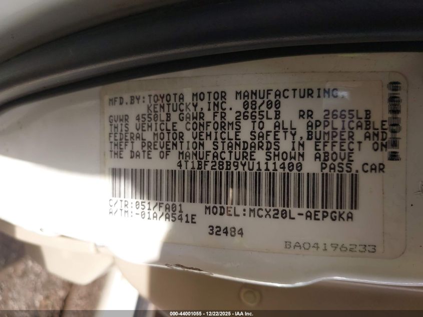 2000 Toyota Avalon Xls VIN: 4T1BF28B9YU111400 Lot: 44001055