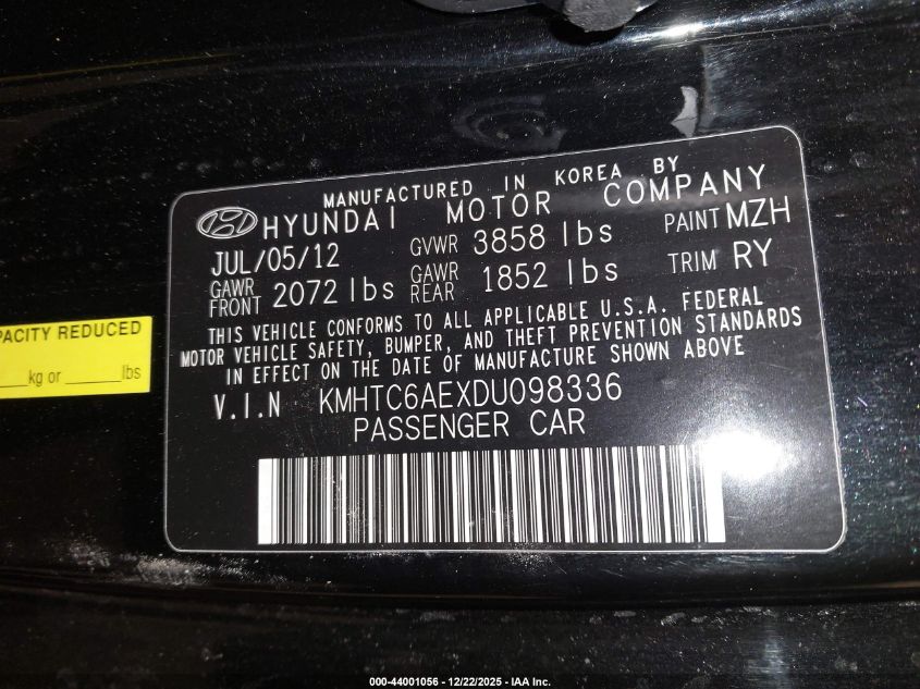 2013 Hyundai Veloster Turbo W/Blue VIN: KMHTC6AEXDU098336 Lot: 44001056