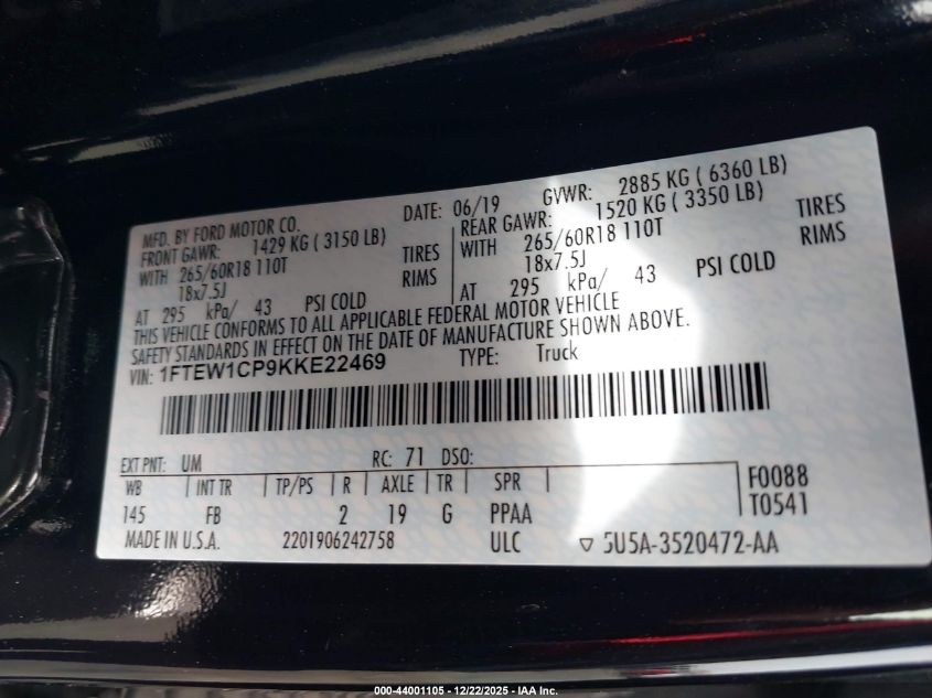 2019 Ford F-150 Xlt VIN: 1FTEW1CP9KKE22469 Lot: 44001105