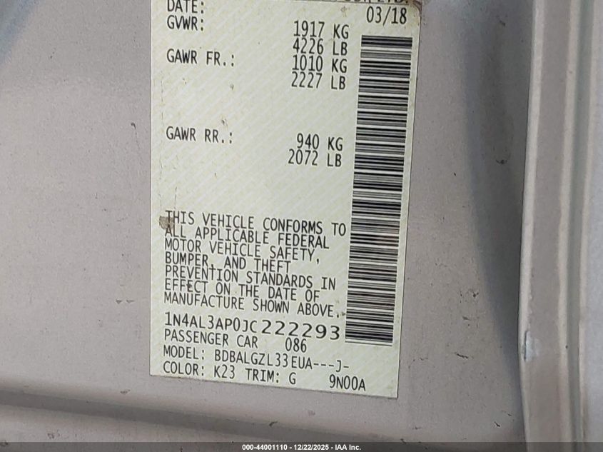 2018 Nissan Altima 2.5 S VIN: 1N4AL3AP0JC222293 Lot: 44001110