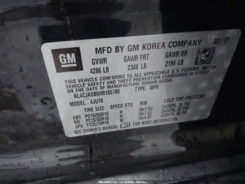 2017 Buick Encore Preferred VIN: KL4CJASB6HB165186 Lot: 44001112