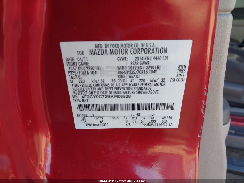 2011 Mazda Tribute I Grand Touring VIN: 4F2CY0C72BKM06528 Lot: 44001116