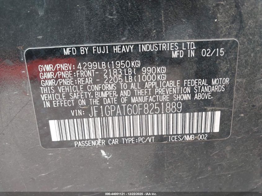 2015 Subaru Impreza 2.0I Sport Premium VIN: JF1GPAT60F8251889 Lot: 44001121