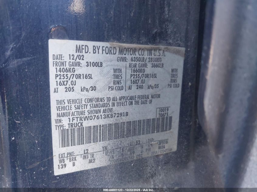 2003 Ford F-150 Lariat/Xlt VIN: 1FTRW07613KB72918 Lot: 44001123