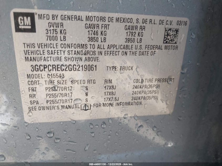 2016 Chevrolet Silverado 1500 1Lt VIN: 3GCPCREC2GG219061 Lot: 44001138