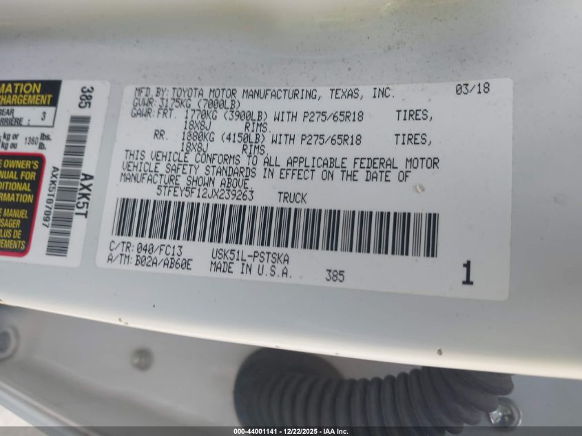 2018 Toyota Tundra Sr5 5.7L V8 VIN: 5TFEY5F12JX239263 Lot: 44001141