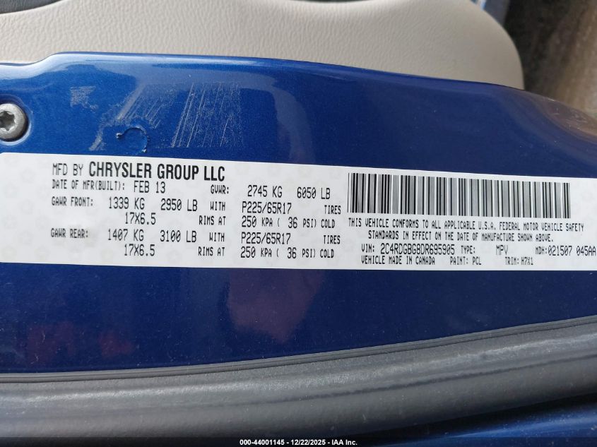 2013 Dodge Grand Caravan Se VIN: 2C4RDGBG8DR695905 Lot: 44001145