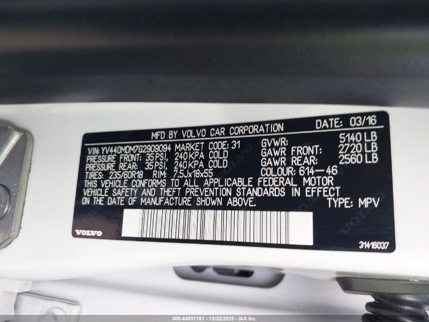 2016 Volvo Xc60 T5 Drive-E Platinum VIN: YV440MDM7G2909094 Lot: 44001161