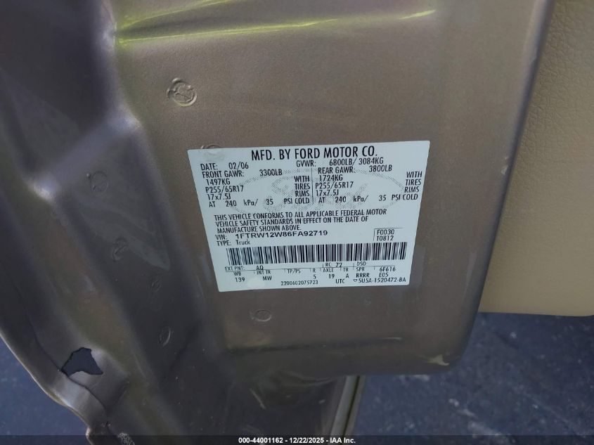 2006 Ford F-150 Xlt VIN: 1FTRW12W86FA92719 Lot: 44001162