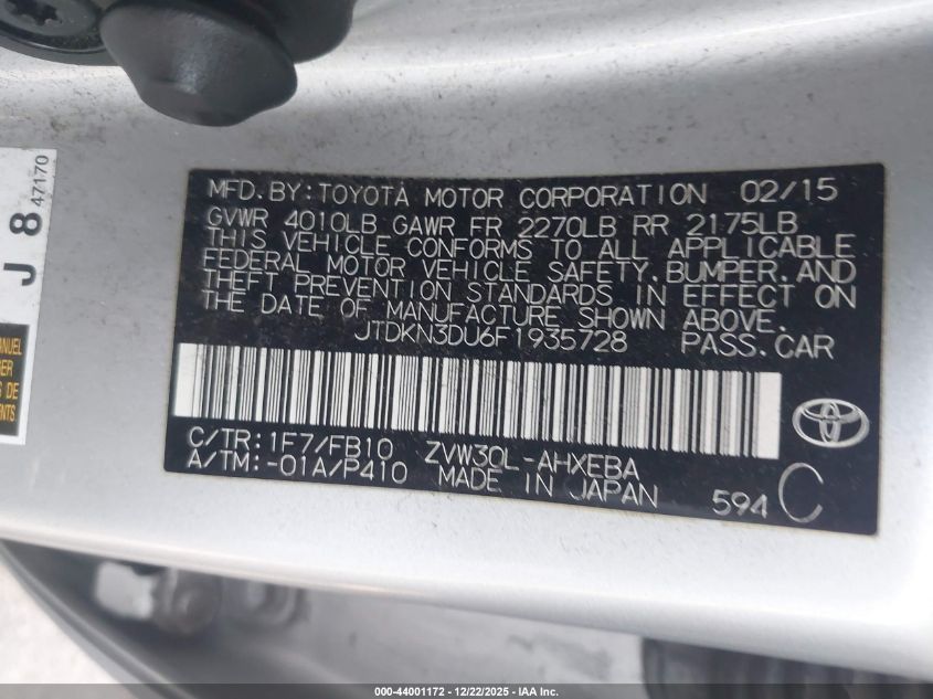 2015 Toyota Prius Two VIN: JTDKN3DU6F1935728 Lot: 44001172