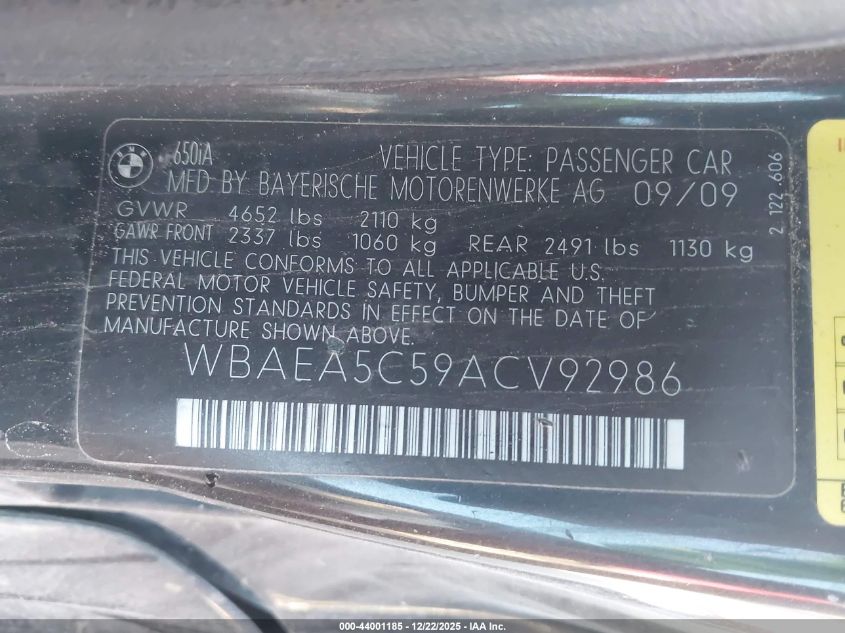 2010 BMW 650I VIN: WBAEA5C59ACV92986 Lot: 44001185