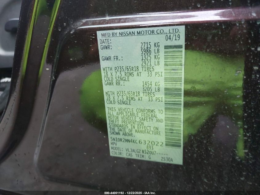 2019 Nissan Pathfinder Sl VIN: 5N1DR2MN4KC632022 Lot: 44001192
