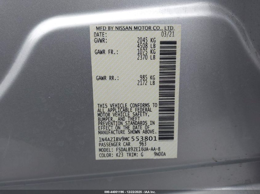 2021 Nissan Leaf S 40 Kwh VIN: 1N4AZ1BV9MC553801 Lot: 44001196