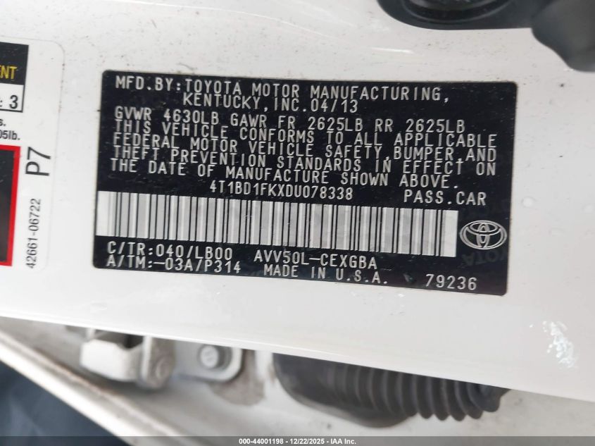 2013 Toyota Camry Hybrid Xle VIN: 4T1BD1FKXDU078338 Lot: 44001198