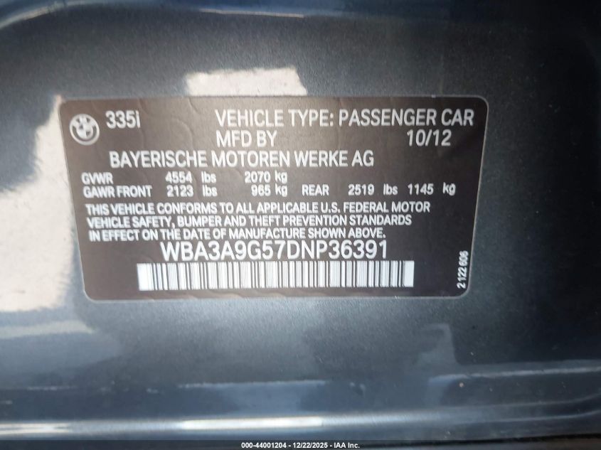 2013 BMW 335I VIN: WBA3A9G57DNP36391 Lot: 44001204