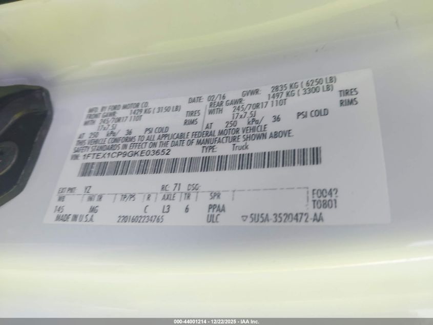 2016 Ford F-150 Xlt VIN: 1FTEX1CP9GKE03652 Lot: 44001214