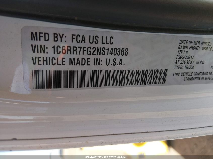 2022 Ram 1500 Classic Tradesman 4X4 6'4 Box VIN: 1C6RR7FG2NS140368 Lot: 44001217