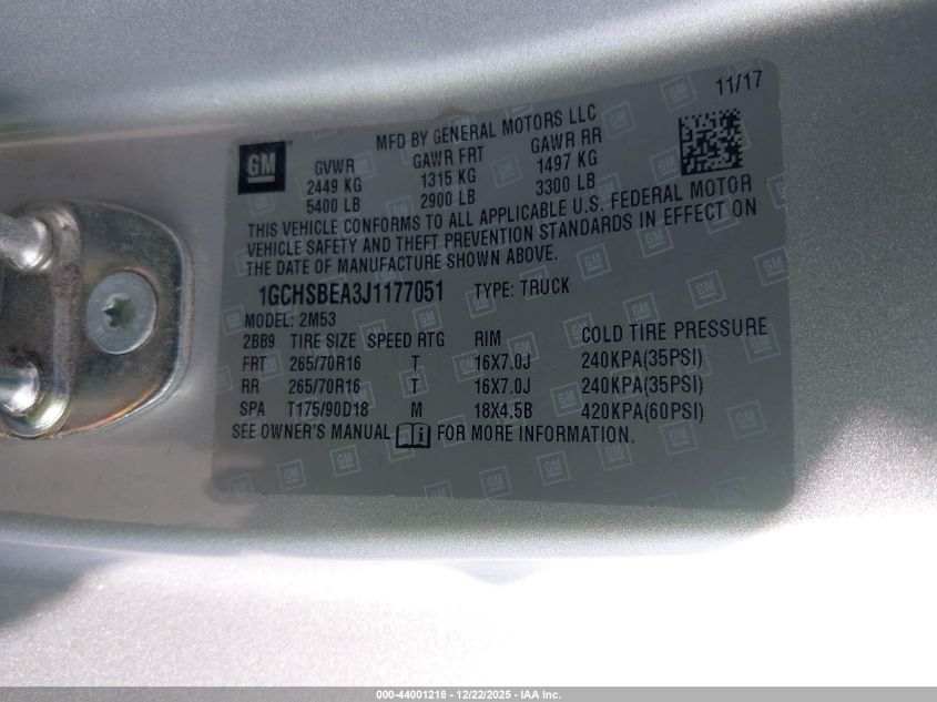 2018 Chevrolet Colorado Wt VIN: 1GCHSBEA3J1177051 Lot: 44001218