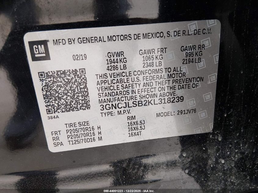 2019 Chevrolet Trax Lt VIN: 3GNCJLSB2KL318239 Lot: 44001223