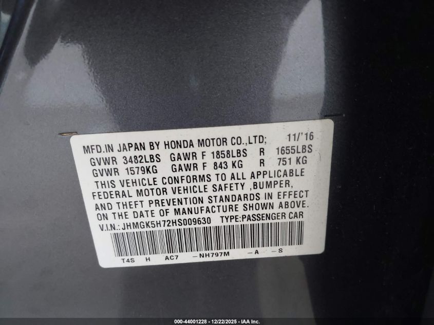 2017 Honda Fit Ex VIN: JHMGK5H72HS009630 Lot: 44001228